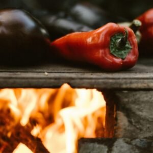 fire roasting eggplant and chili pepper